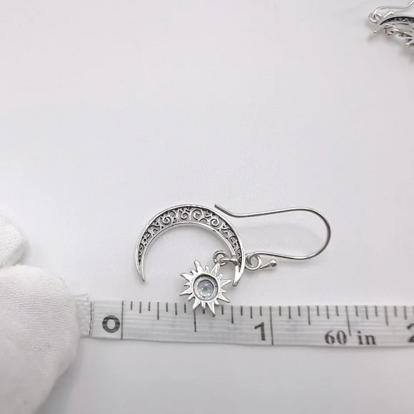 Genuine Blue Topaz .925 Sterling Silver Moon and Sun Earrings - Picture 13 of 14